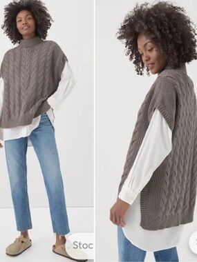 PACT Cable Knit Poncho Pullover Organic Cotton Turtleneck Sweater grey/brown M/L